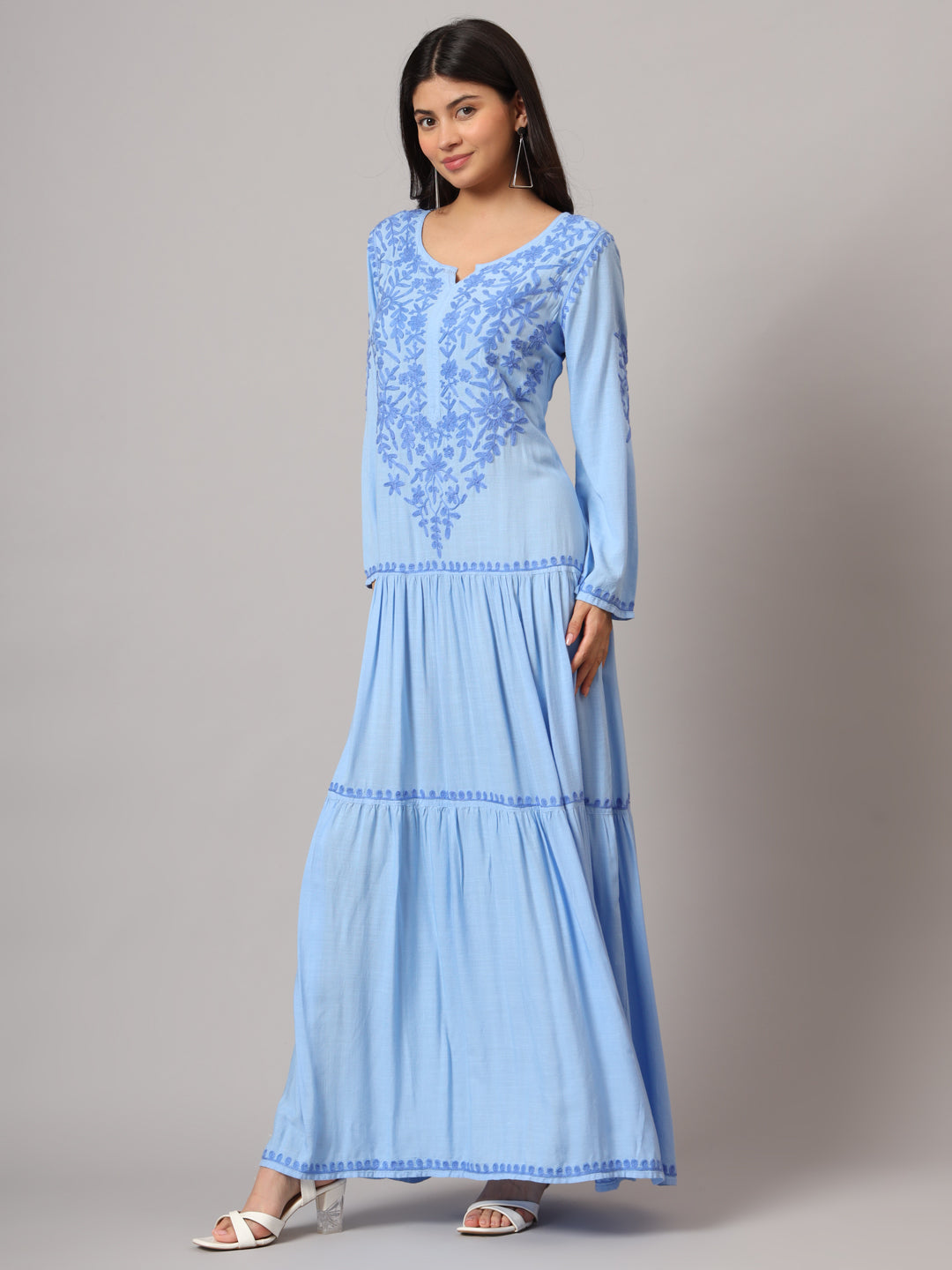 Hand Embroidered Lucknowi Chikankari  Cotton Jalabiya-AL3942 Denimblue
