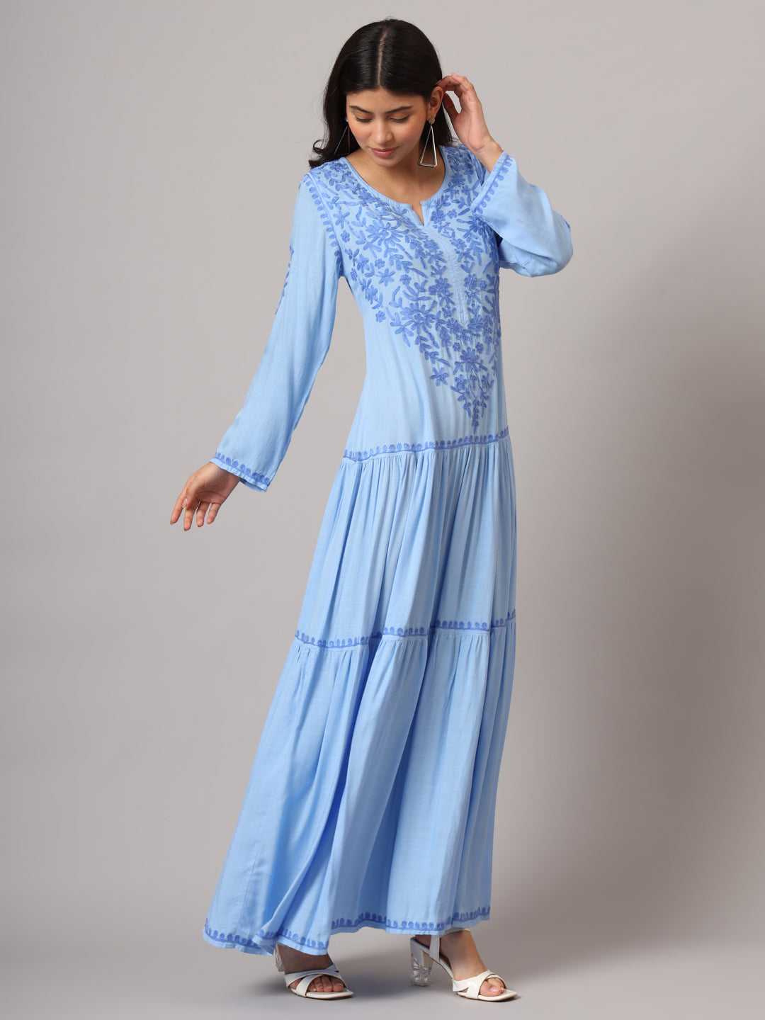 Hand Embroidered Lucknowi Chikankari  Cotton Jalabiya-AL3942 Denimblue