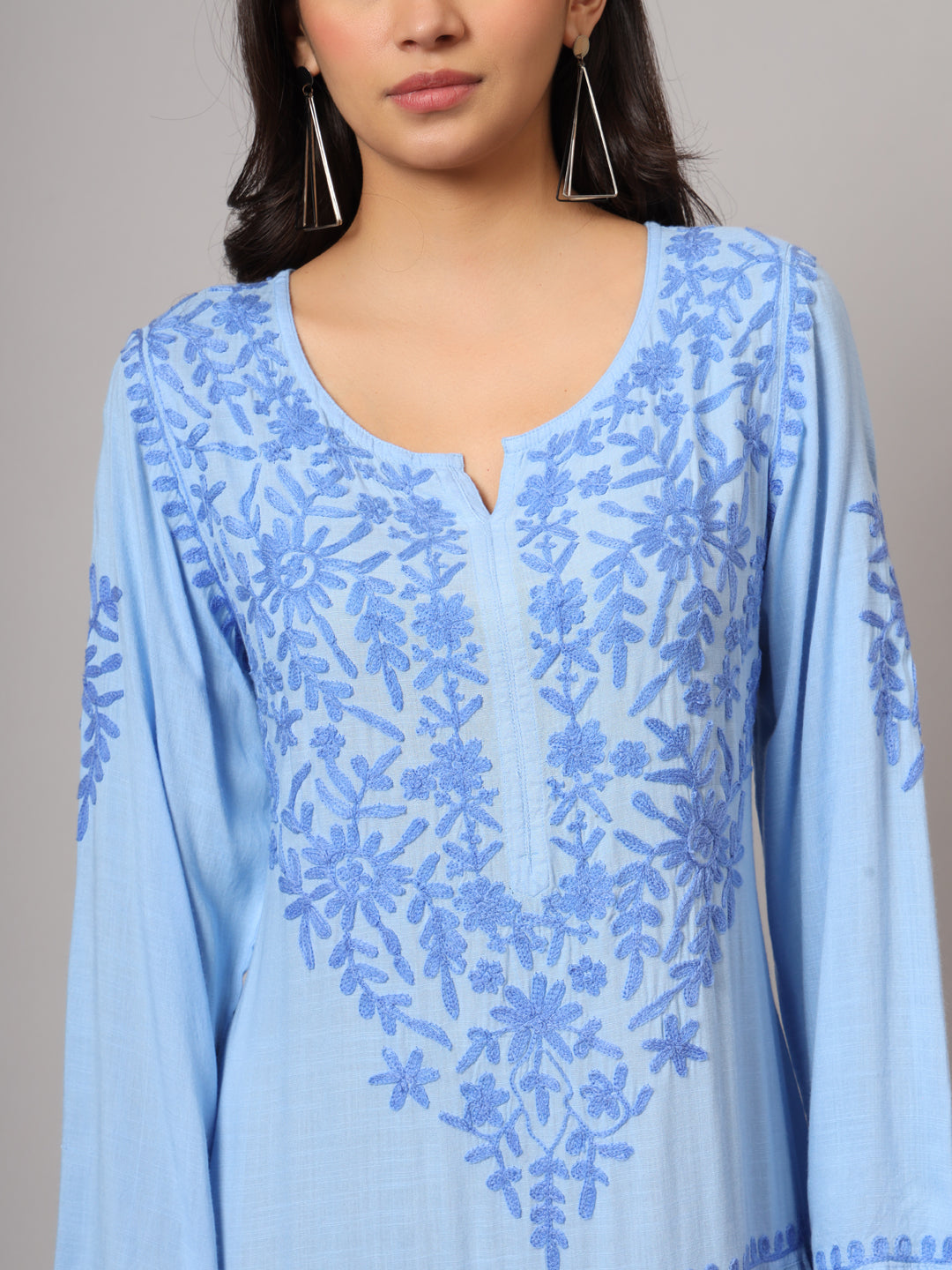 Hand Embroidered Lucknowi Chikankari  Cotton Jalabiya-AL3942 Denimblue