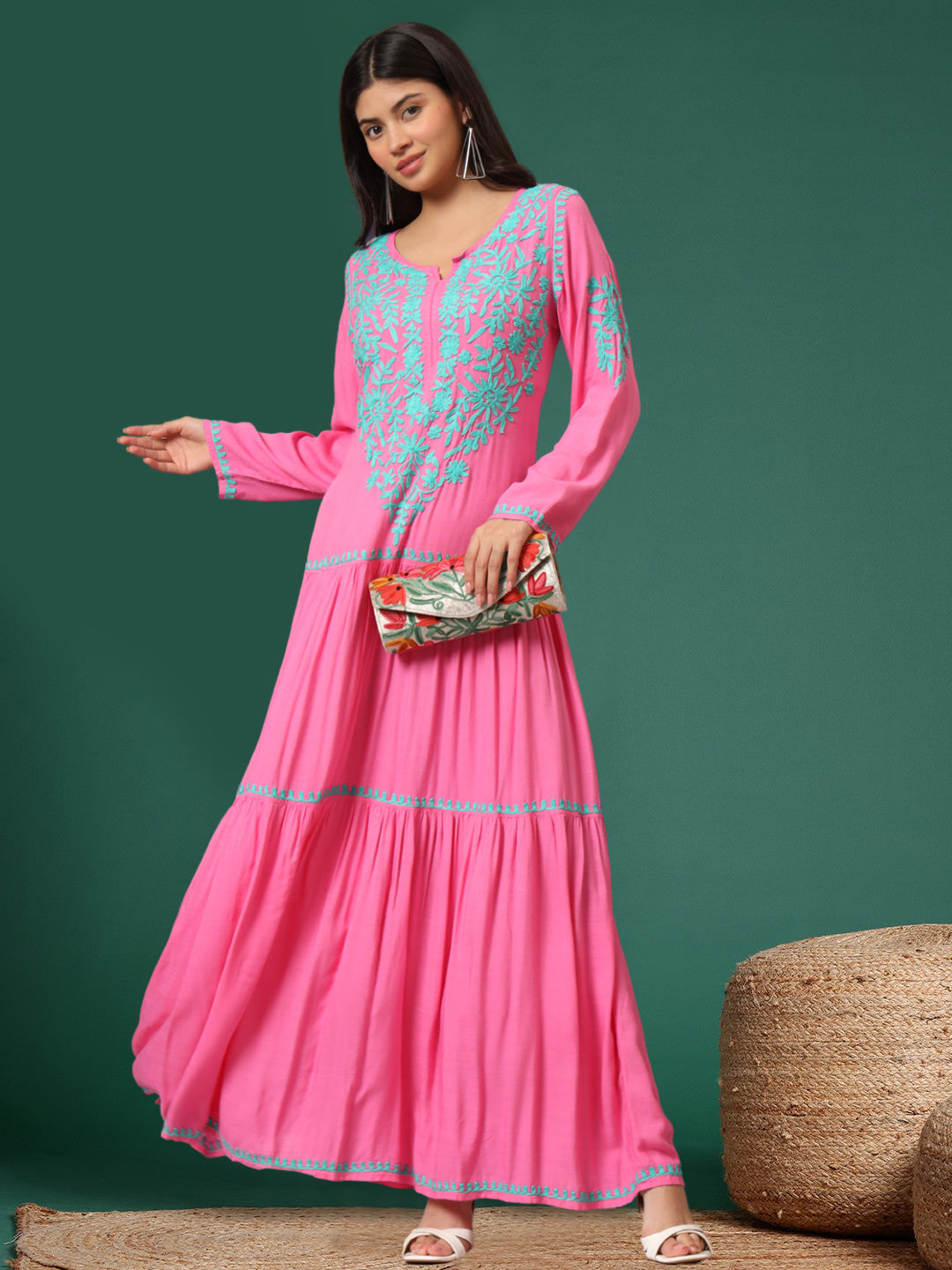 Hand Embroidered Lucknowi Chikankari  Cotton Jalabiya-AL3942 Magenta