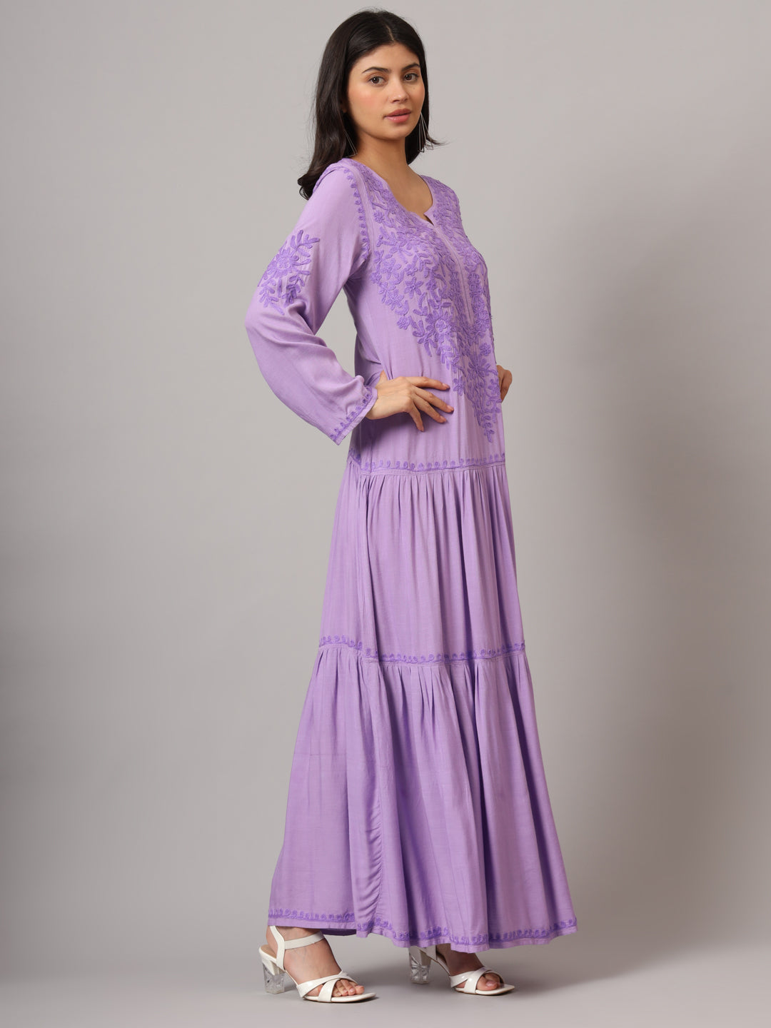 Hand Embroidered Lucknowi Chikankari  Cotton Jalabiya-AL3942 Mauve