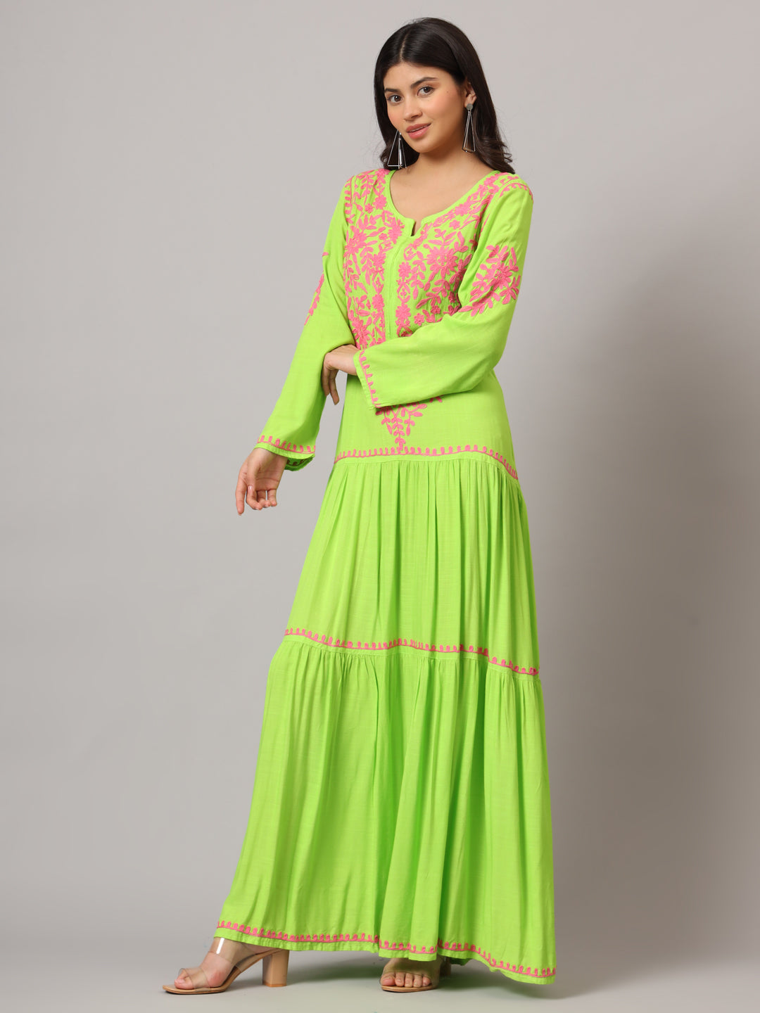 Hand Embroidered Lucknowi Chikankari  Cotton Jalabiya-AL3942 Parrotgreen