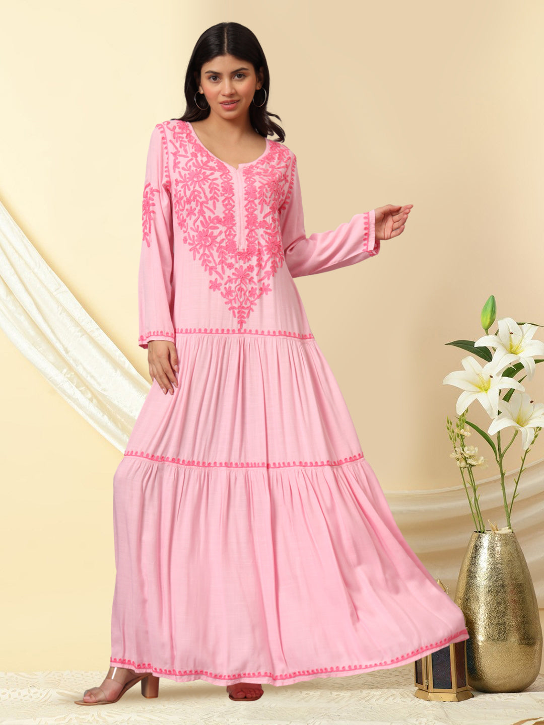 Hand Embroidered Lucknowi Chikankari  Cotton Jalabiya-AL3942 Pink