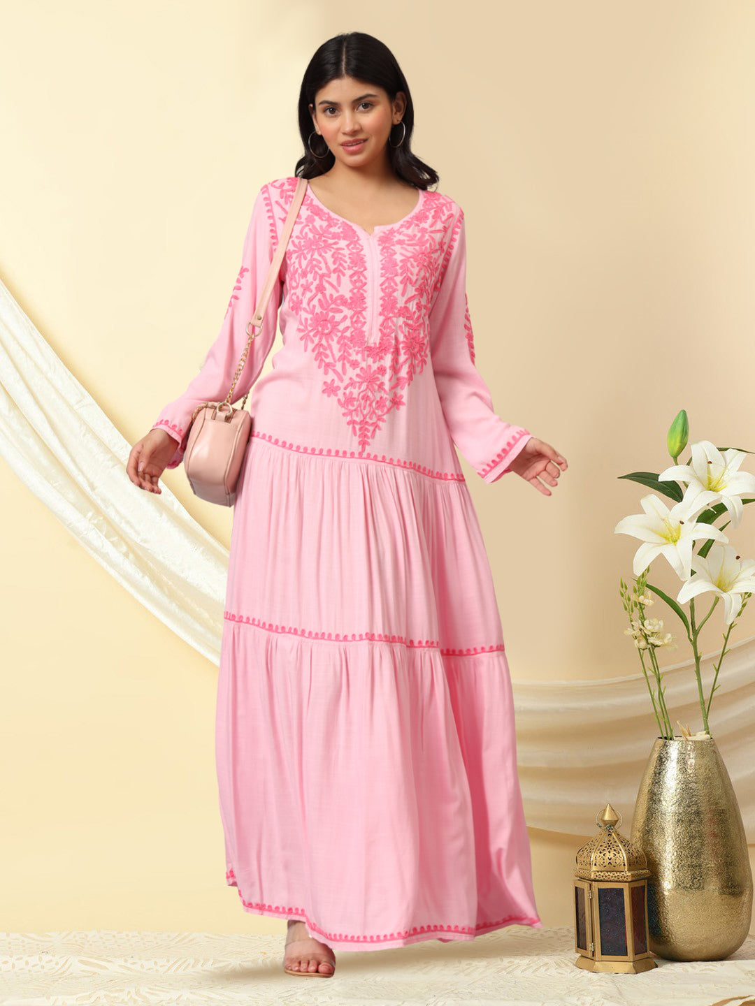Hand Embroidered Lucknowi Chikankari  Cotton Jalabiya-AL3942 Pink