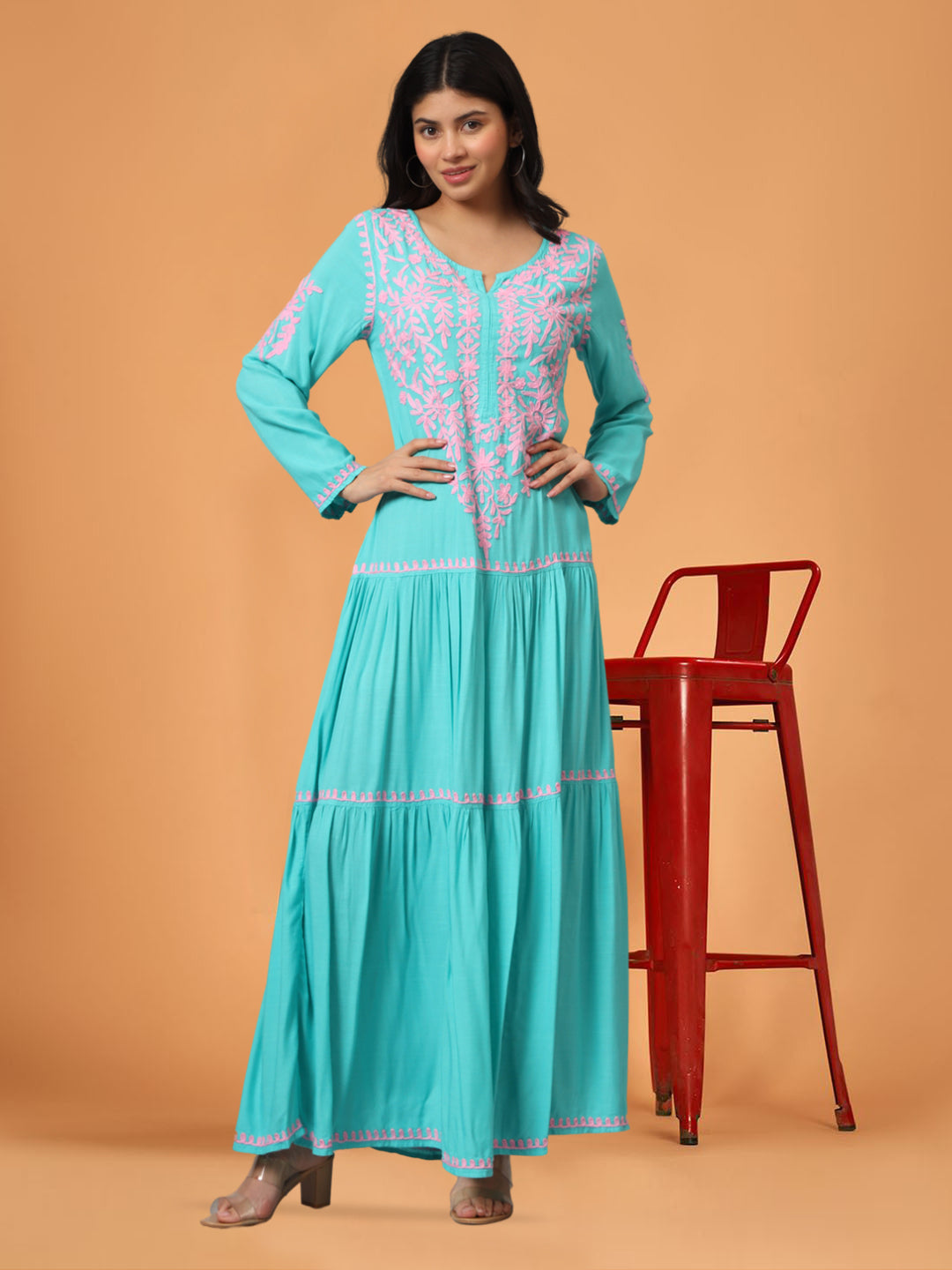 Hand Embroidered Lucknowi Chikankari  Cotton Jalabiya-AL3942 Seagreen
