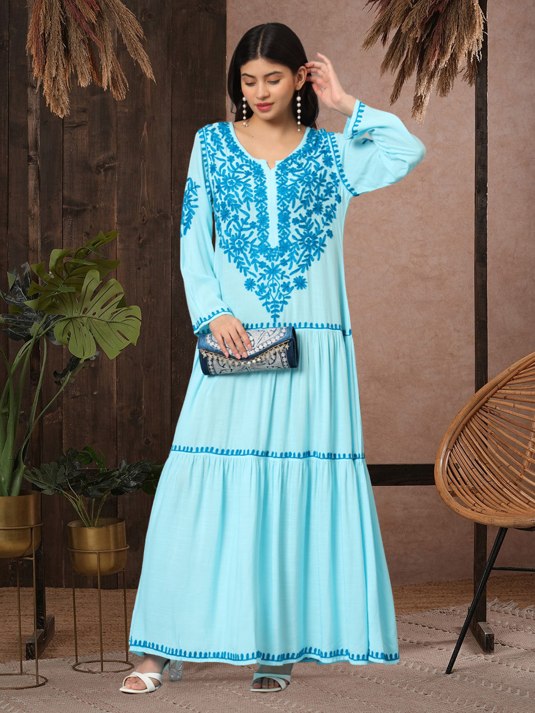 Hand Embroidered Lucknowi Chikankari  Cotton Jalabiya-AL3942 Turquoise