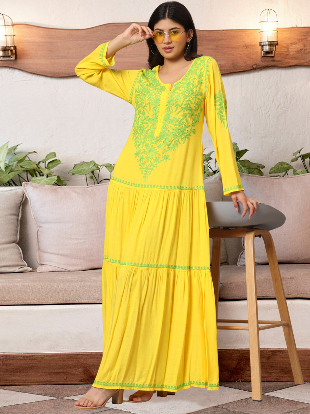 Hand Embroidered Lucknowi Chikankari  Cotton Jalabiya-AL3942 Yellow