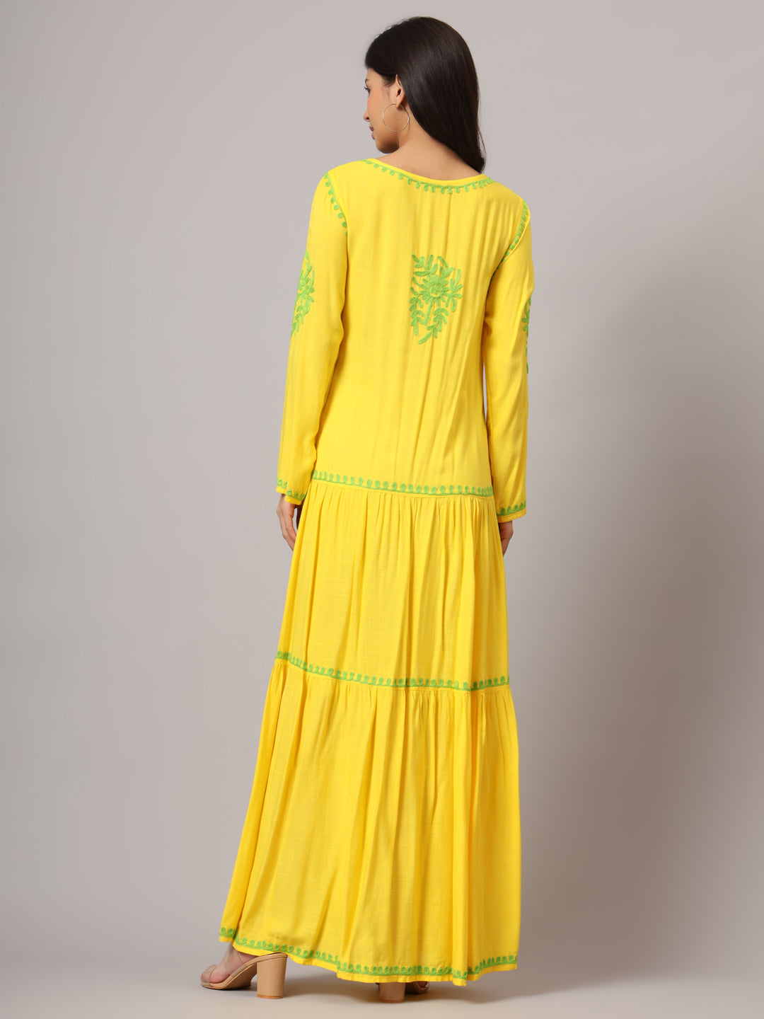 Hand Embroidered Lucknowi Chikankari  Cotton Jalabiya-AL3942 Yellow