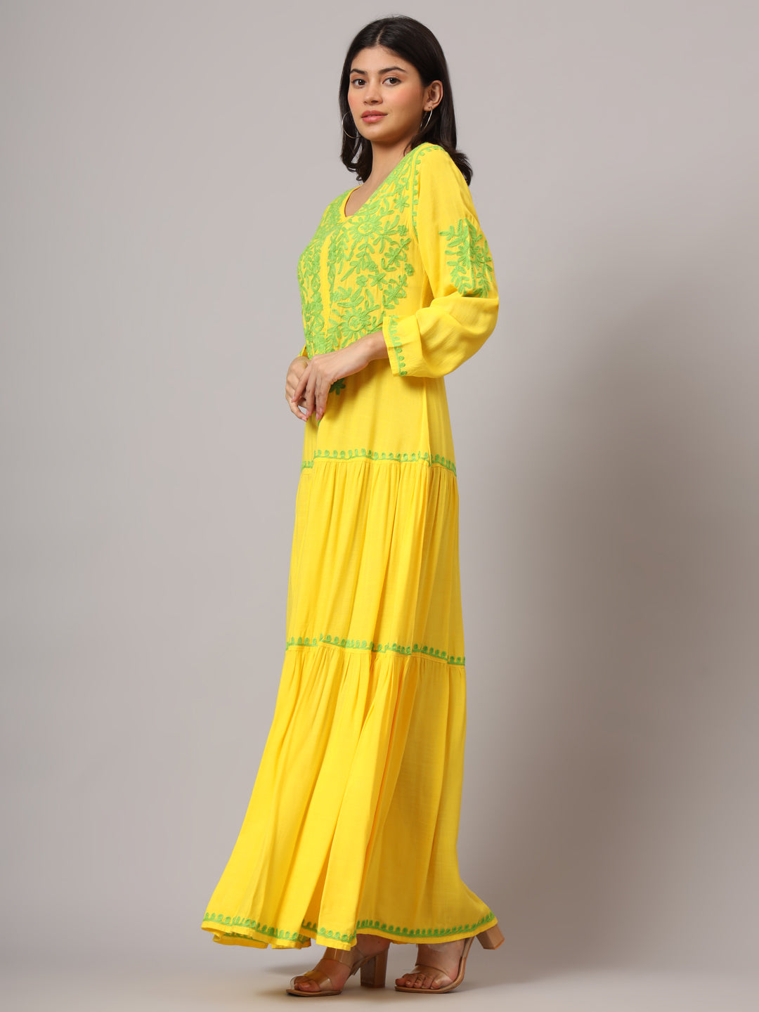 Hand Embroidered Lucknowi Chikankari  Cotton Jalabiya-AL3942 Yellow