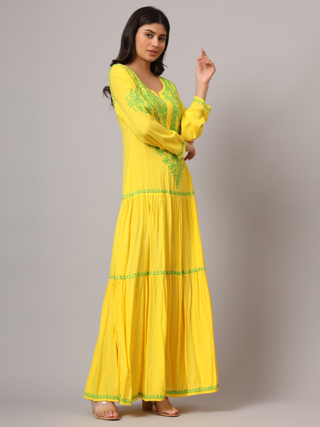 Hand Embroidered Lucknowi Chikankari  Cotton Jalabiya-AL3942 Yellow