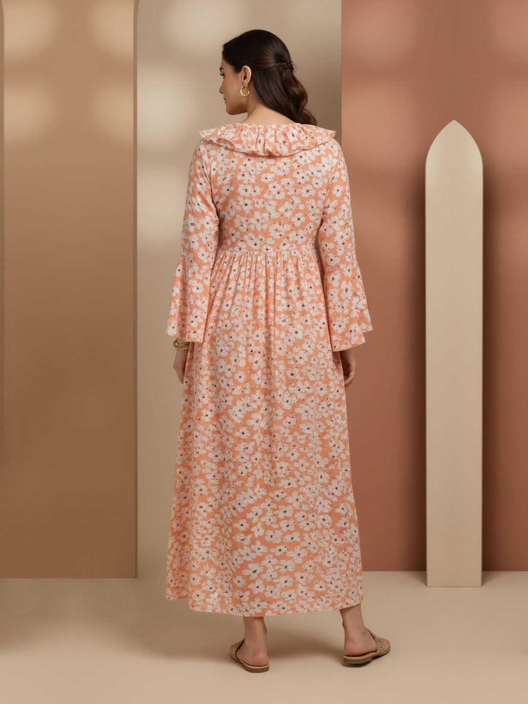 Women Printed Cotton Jalabiya-AL4008 Peach
