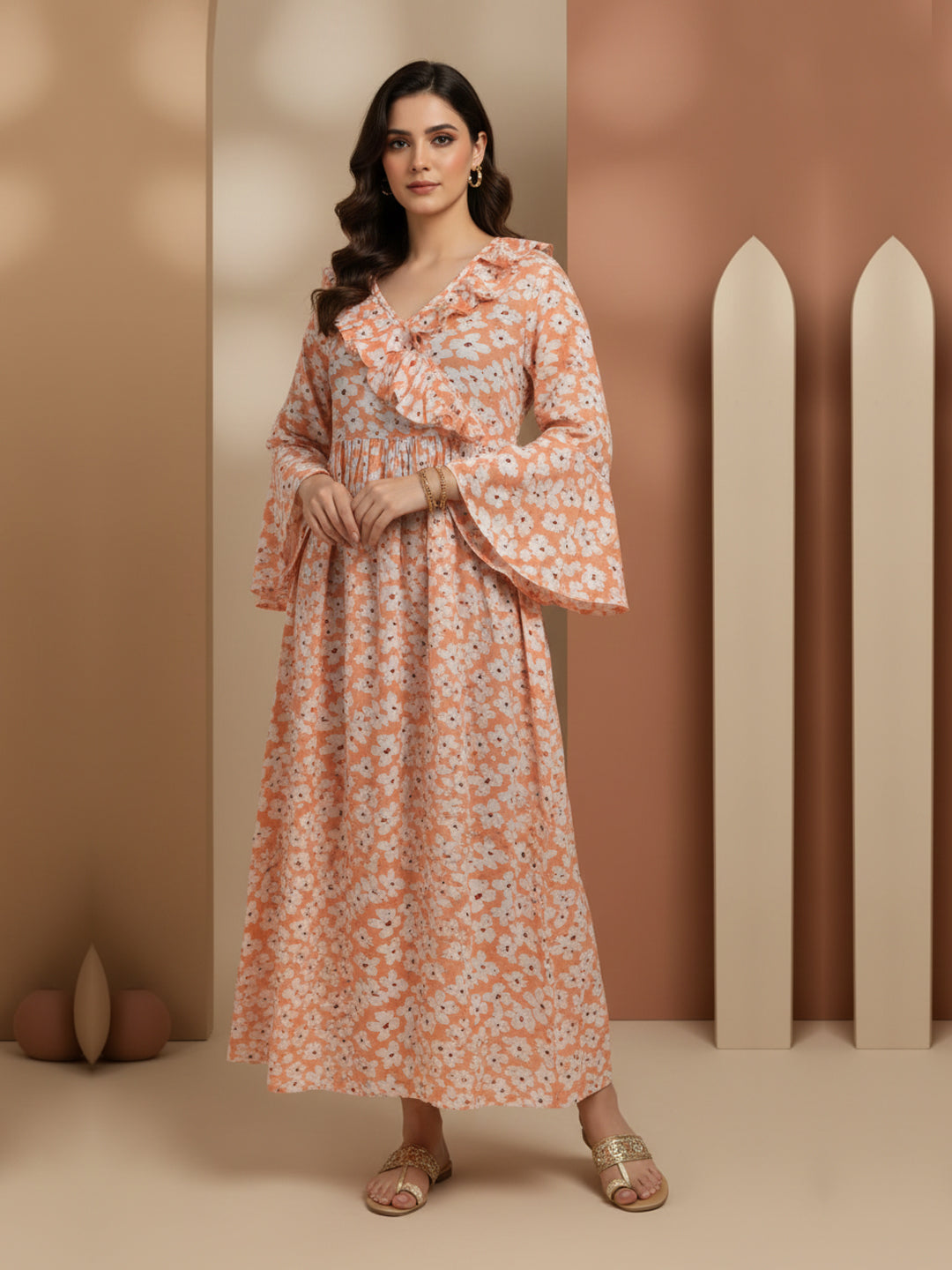 Women Printed Cotton Jalabiya-AL4008 Peach