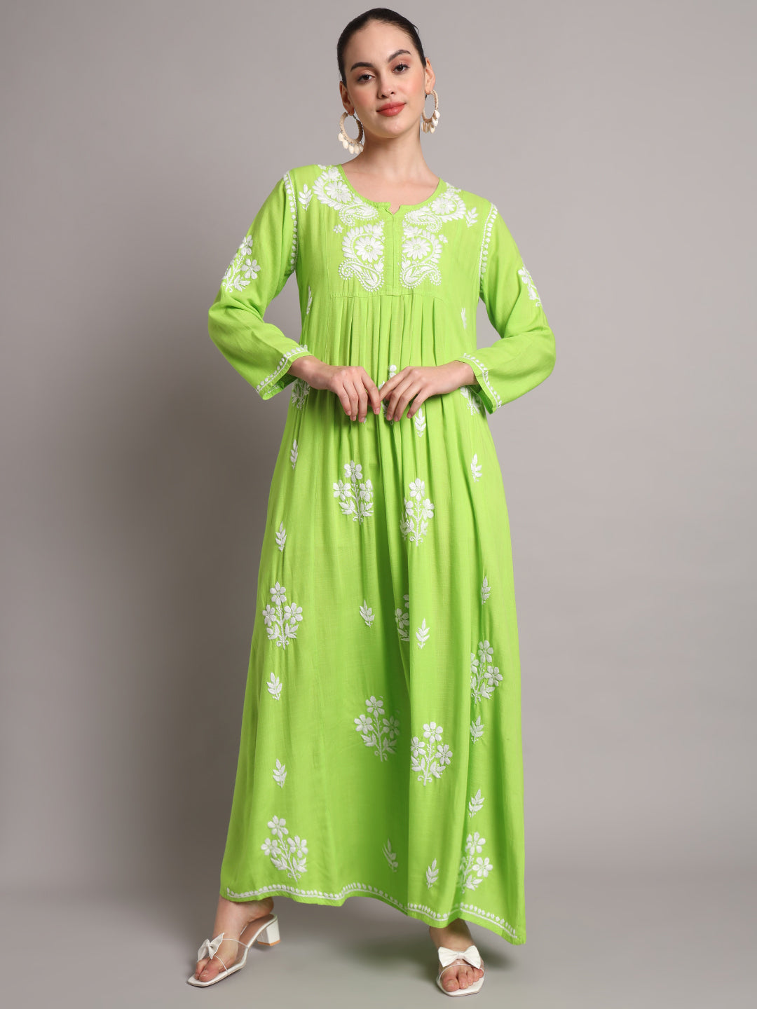 Hand Embroidered Chikankari A-Line Gathering Pattern Rayon Jalabiya-AL4012 Seagreen
