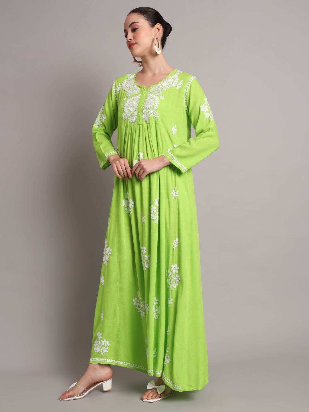 Hand Embroidered Chikankari A-Line Gathering Pattern Rayon Jalabiya-AL4012 Seagreen