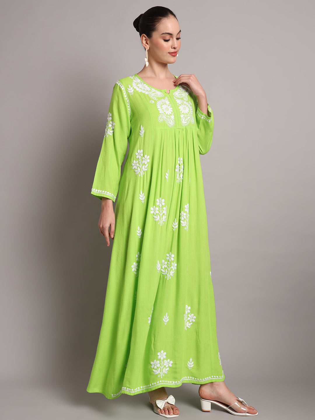 Hand Embroidered Chikankari A-Line Gathering Pattern Rayon Jalabiya-AL4012 Seagreen