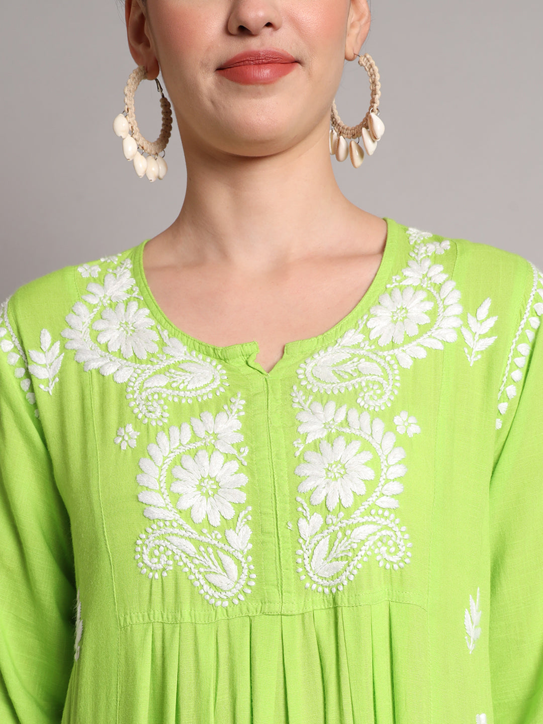 Hand Embroidered Chikankari A-Line Gathering Pattern Rayon Jalabiya-AL4012 Seagreen