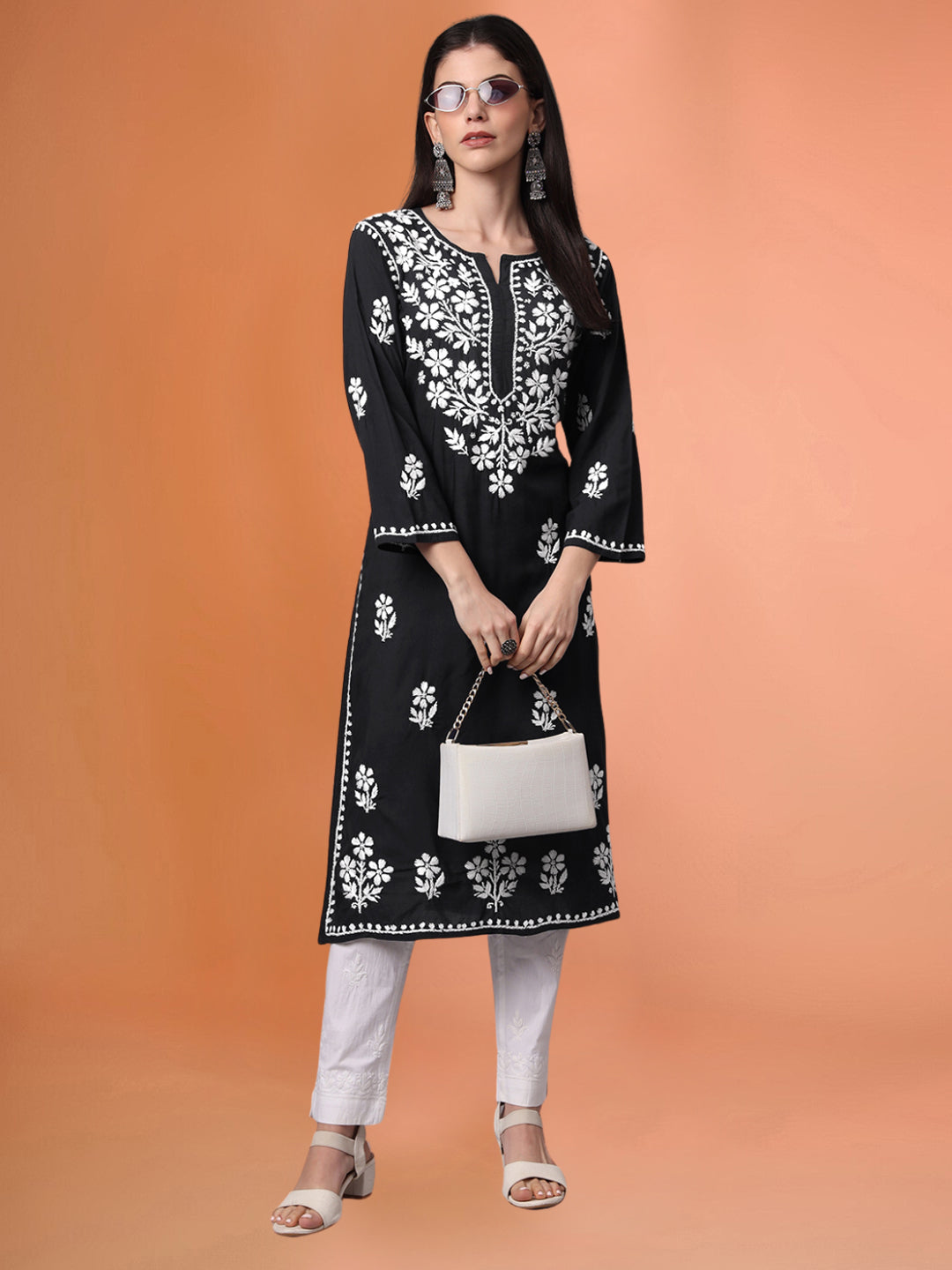 Hand Embroidered Chikankari Modal Kurta- AL4013 Black