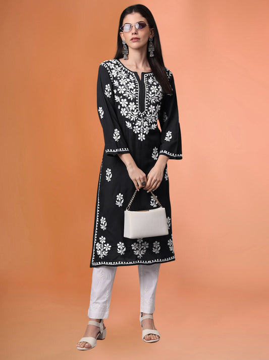 Hand Embroidered Chikankari Modal Kurta- AL4013 Black