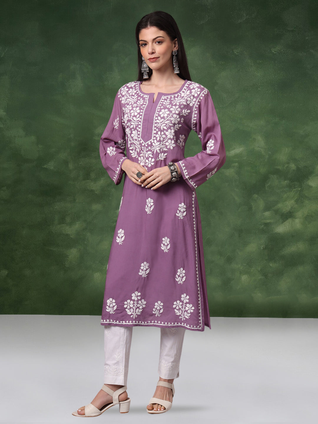 Hand Embroidered Chikankari Modal Kurta- AL4013 Mauve