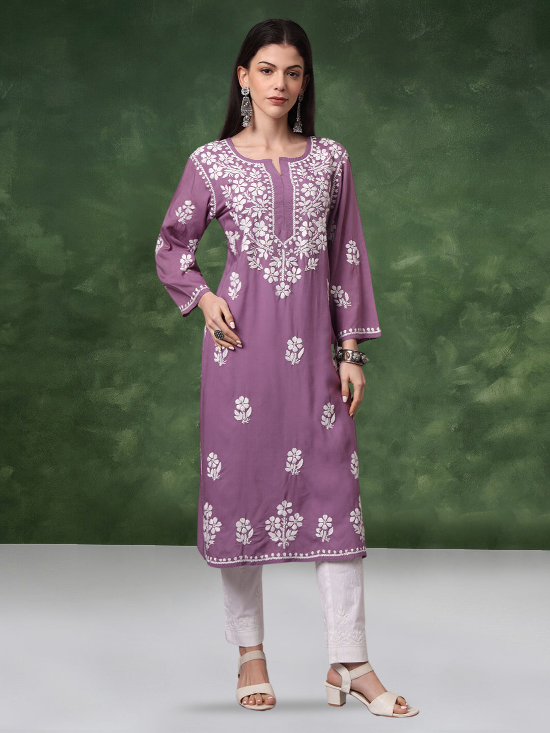 Hand Embroidered Chikankari Modal Kurta- AL4013 Mauve
