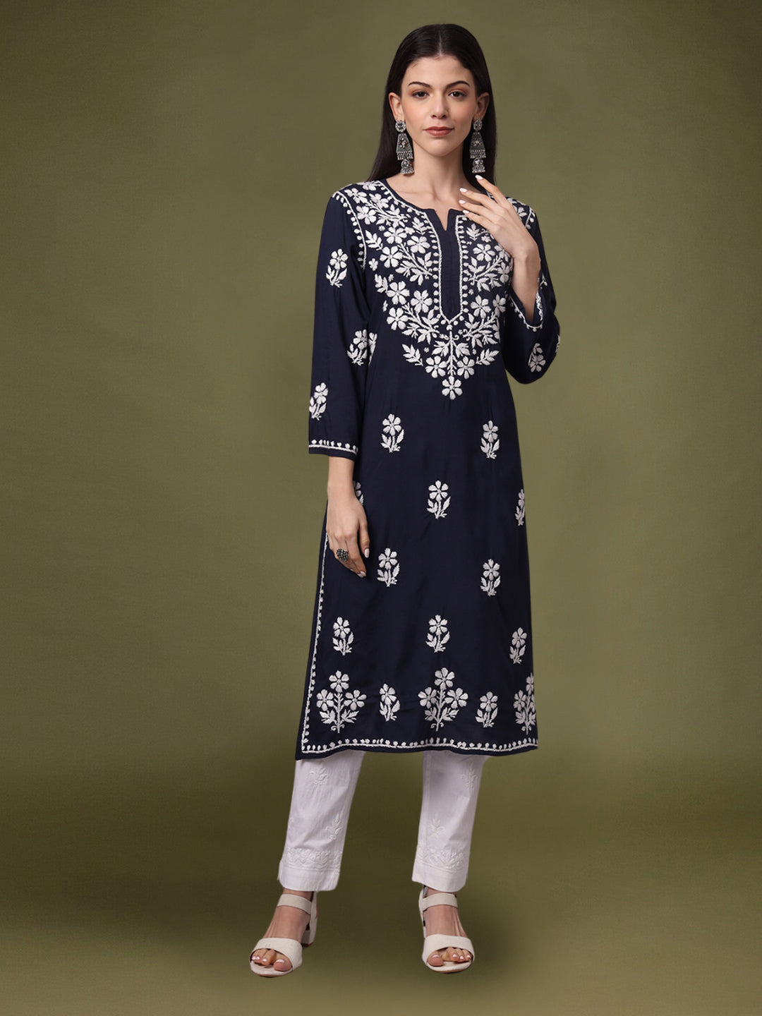 Hand Embroidered Chikankari Modal Kurta- AL4013 Navy