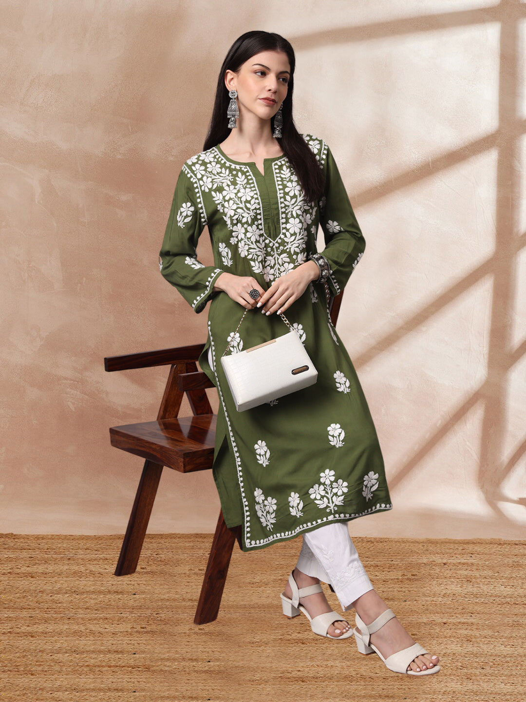 Hand Embroidered Chikankari Modal Kurta- AL4013 Olive