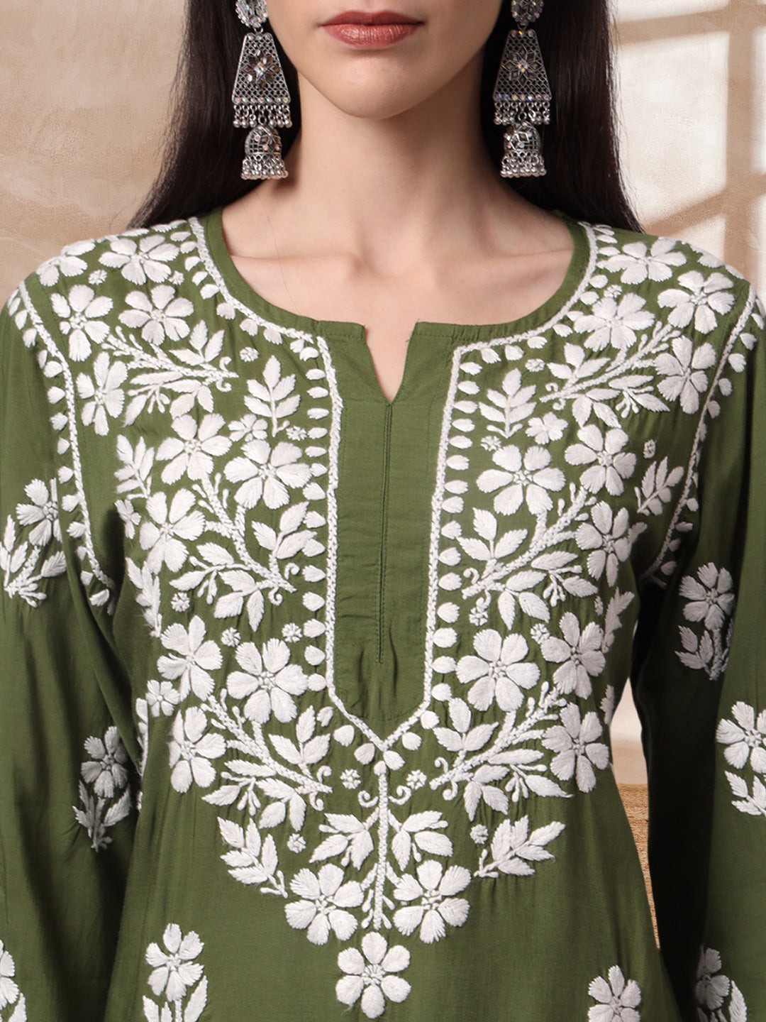 Hand Embroidered Chikankari Modal Kurta- AL4013 Olive