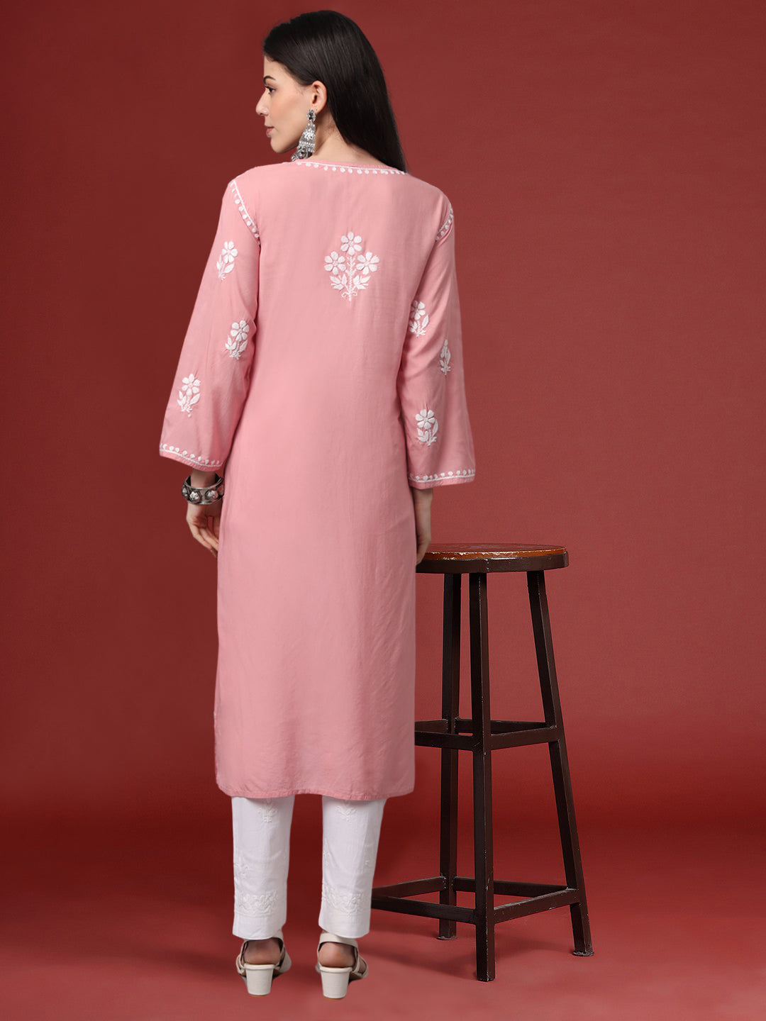 Hand Embroidered Chikankari Modal Kurta- AL4013 Onionpink