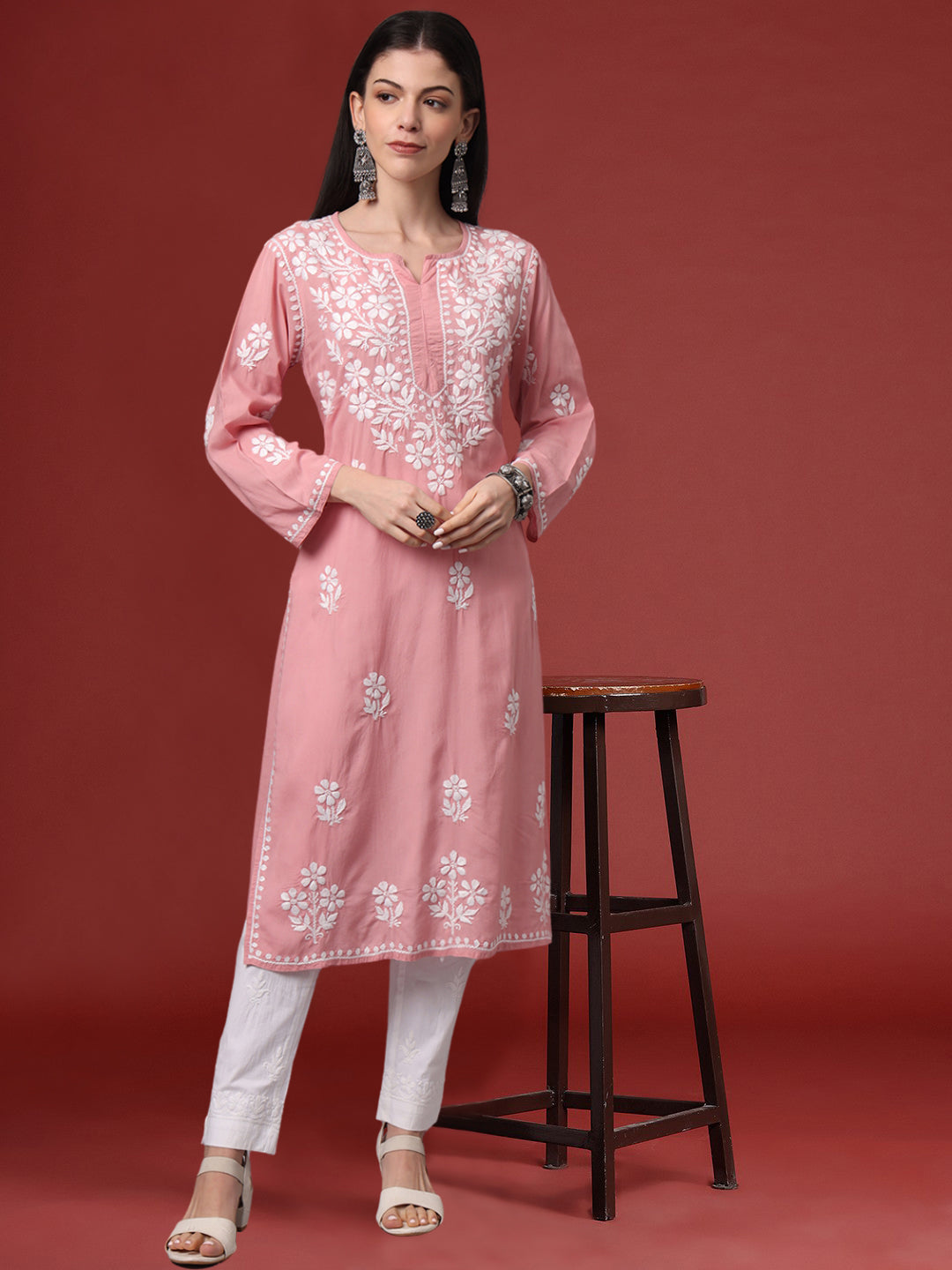 Hand Embroidered Chikankari Modal Kurta- AL4013 Onionpink