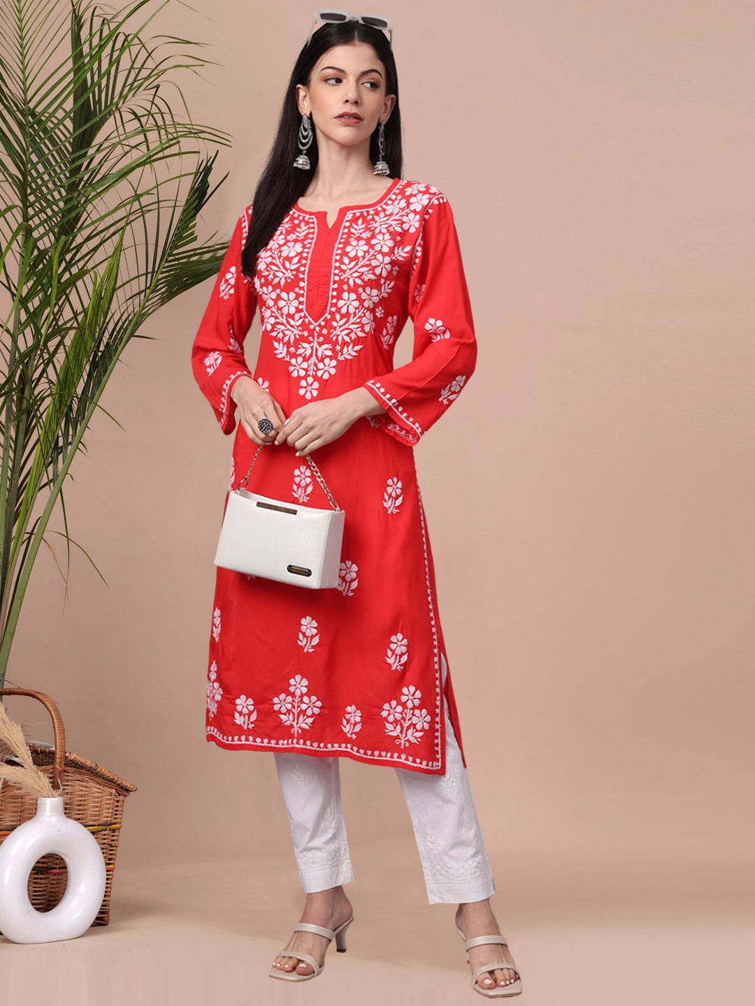 Hand Embroidered Chikankari Modal Kurta- AL4013 Red