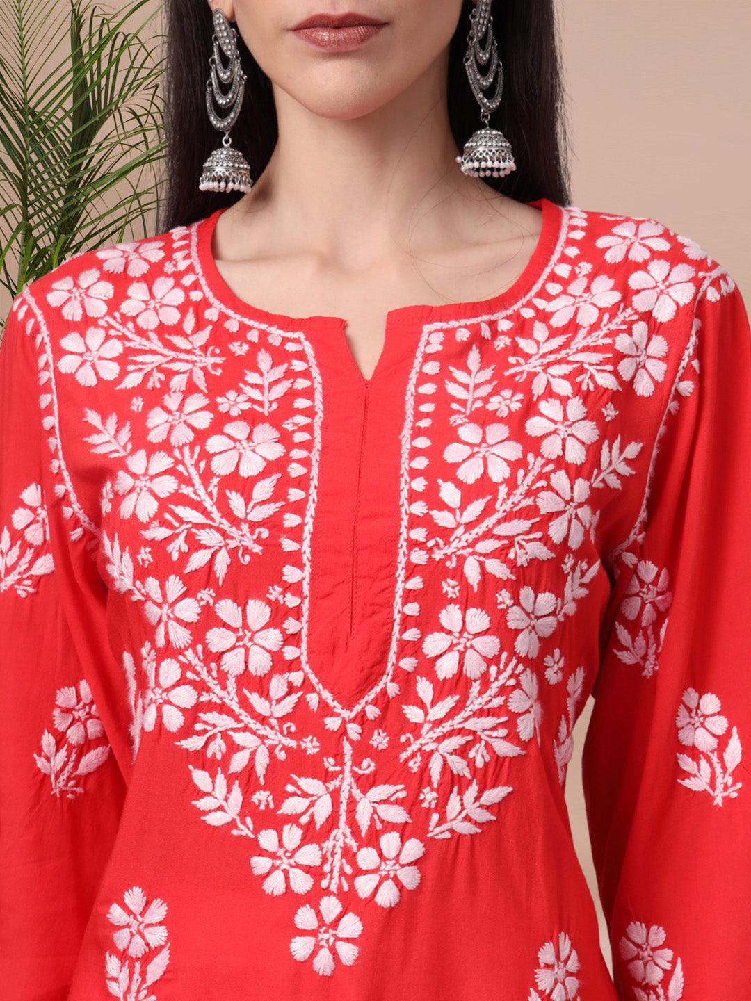 Hand Embroidered Chikankari Modal Kurta- AL4013 Red