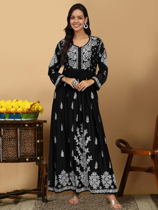Hand Embroidered Chikankari Muslin Jalabiya-AL4017 Black