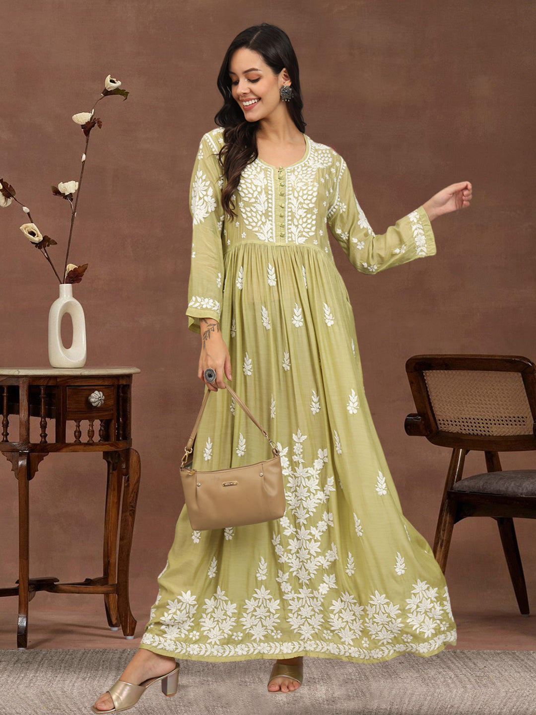 Hand Embroidered Chikankari Muslin Jalabiya-AL4017 Green