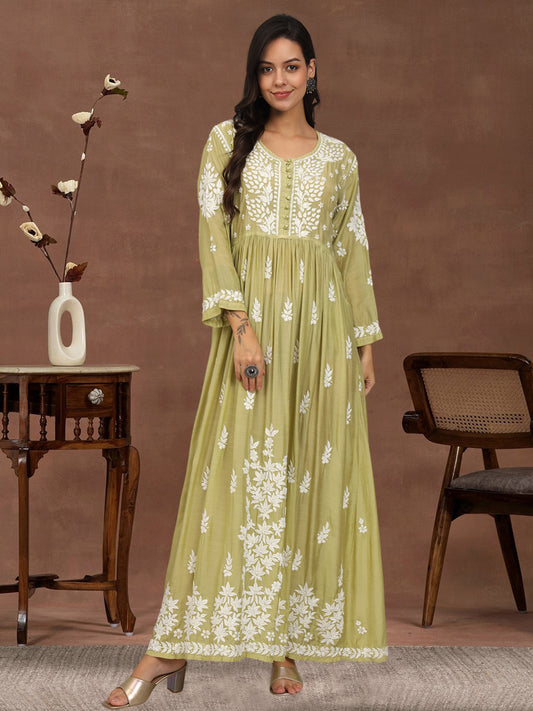 Hand Embroidered Chikankari Muslin Jalabiya-AL4017 Green