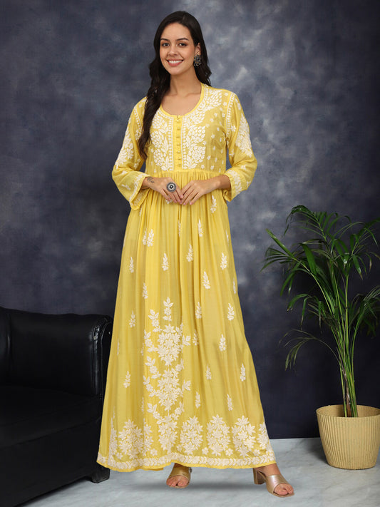 Hand Embroidered Chikankari Muslin Jalabiya-AL4017 Yellow