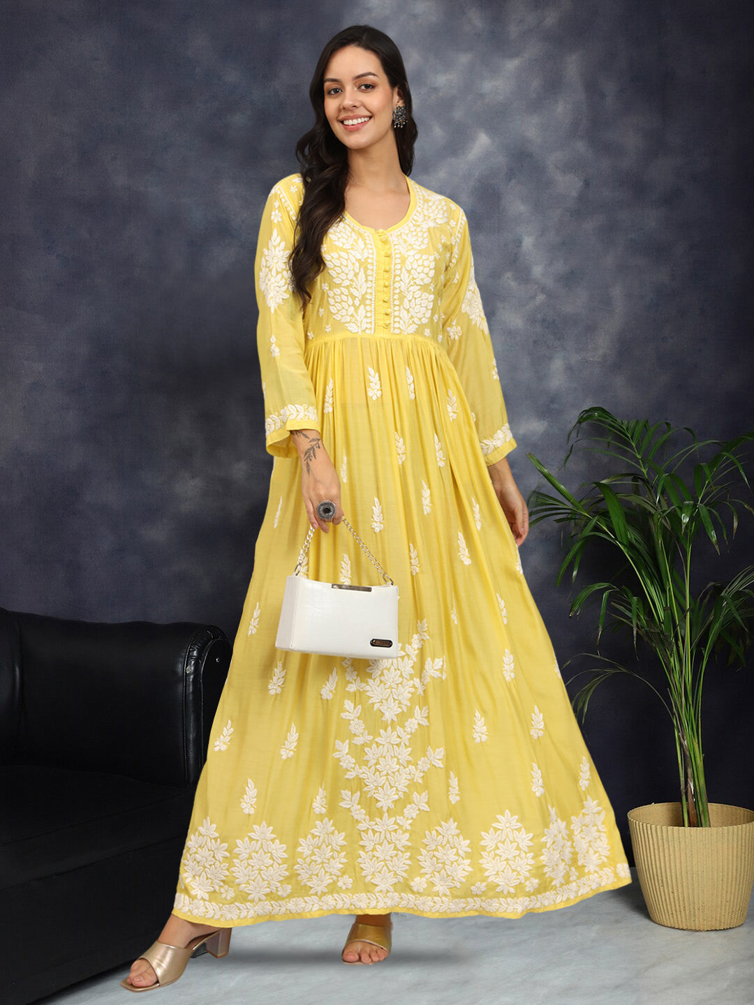 Hand Embroidered Chikankari Muslin Jalabiya-AL4017 Yellow