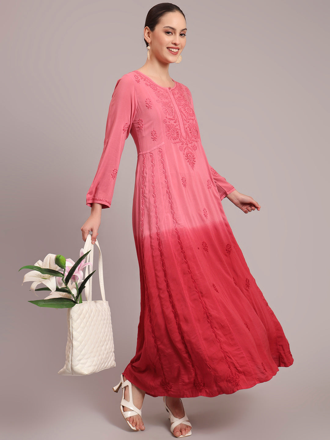 Hand Embroidered Chikankari Modal Ombre Jalabiya-AL4018