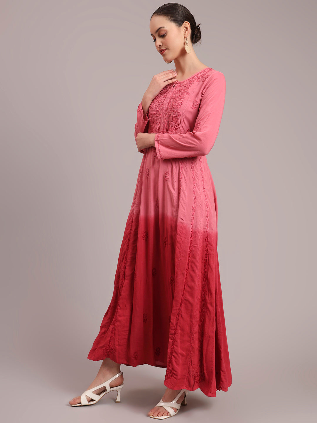 Hand Embroidered Chikankari Modal Ombre Jalabiya-AL4018 Coral