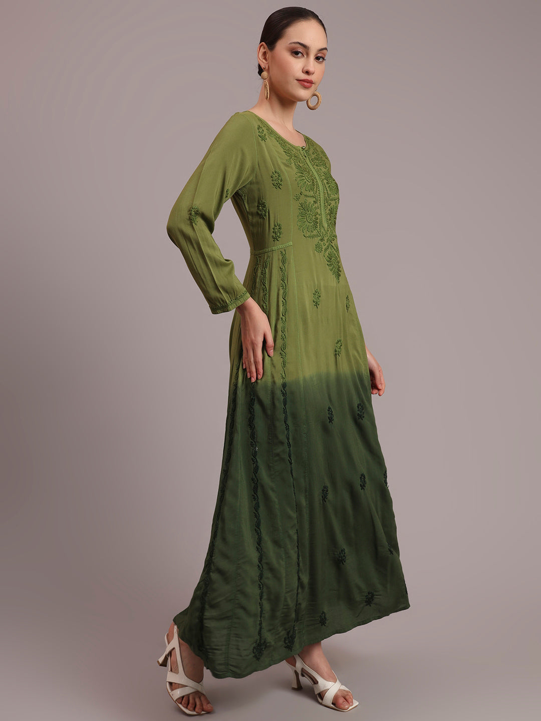 Hand Embroidered Chikankari Modal Ombre Jalabiya-AL4018 Olivegreen