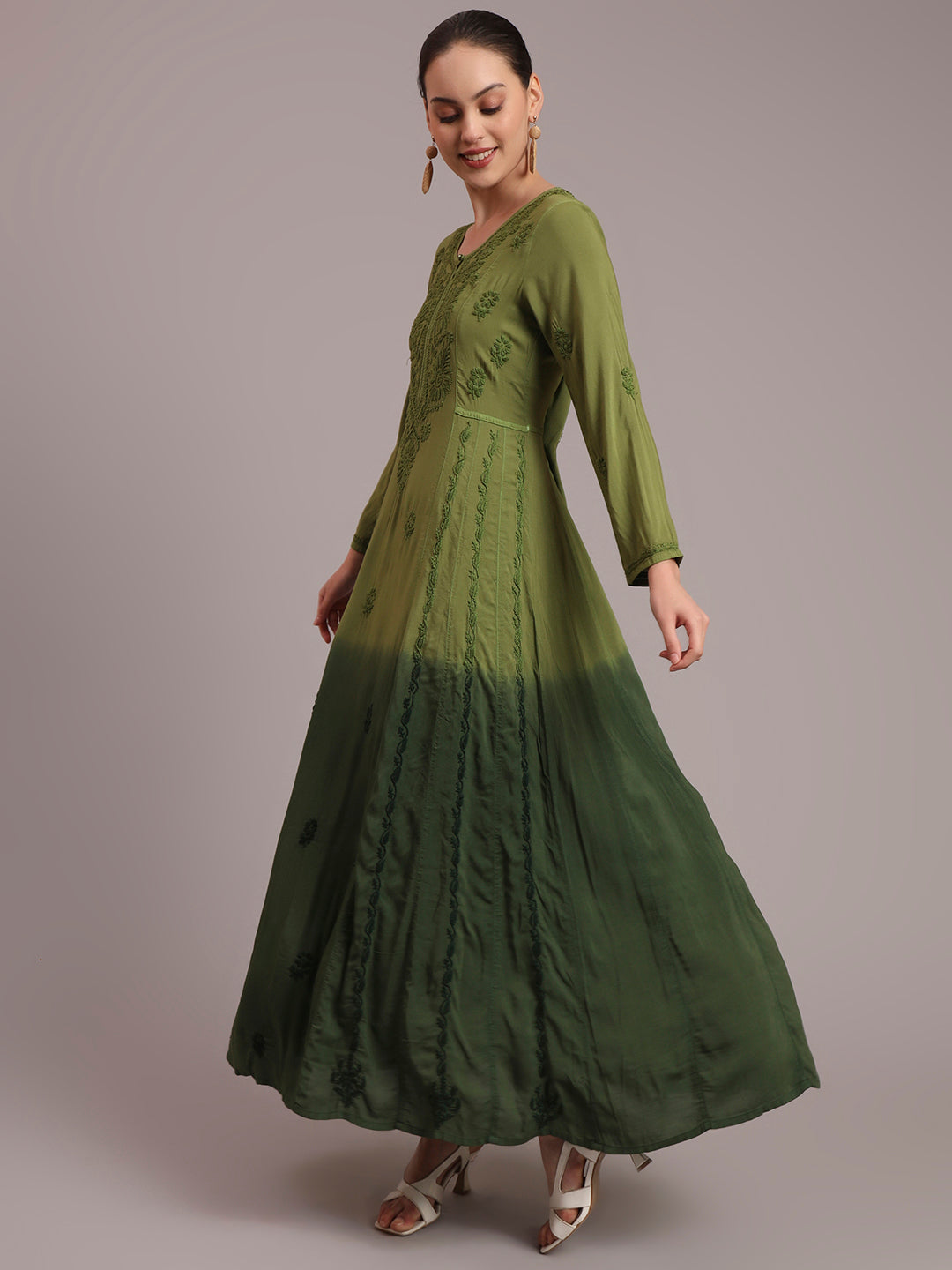 Hand Embroidered Chikankari Modal Ombre Jalabiya-AL4018 Olivegreen