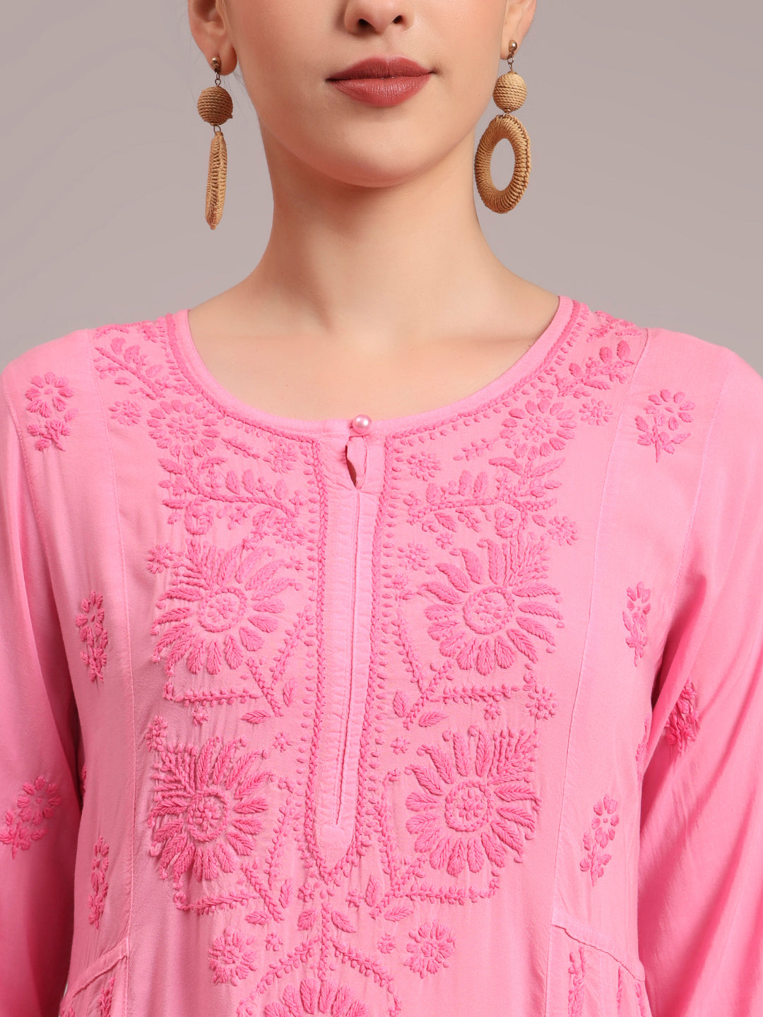 Hand Embroidered Chikankari Modal Ombre Jalabiya-AL4018 Pink