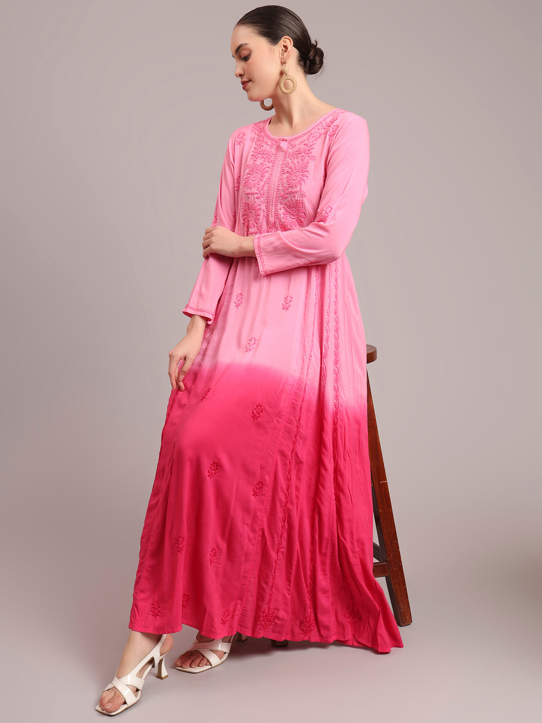 Hand Embroidered Chikankari Modal Ombre Jalabiya-AL4018