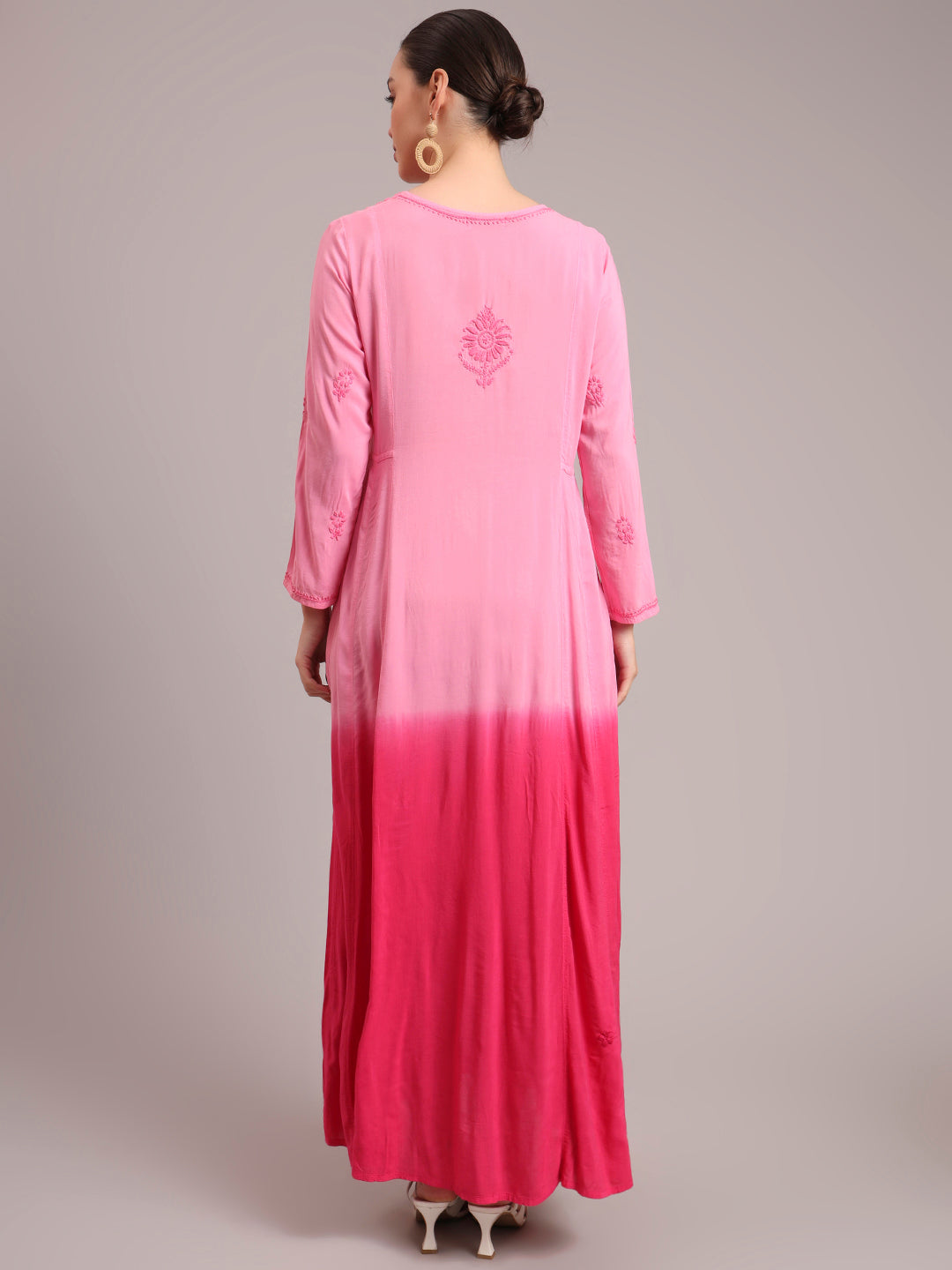 Hand Embroidered Chikankari Modal Ombre Jalabiya-AL4018 Pink