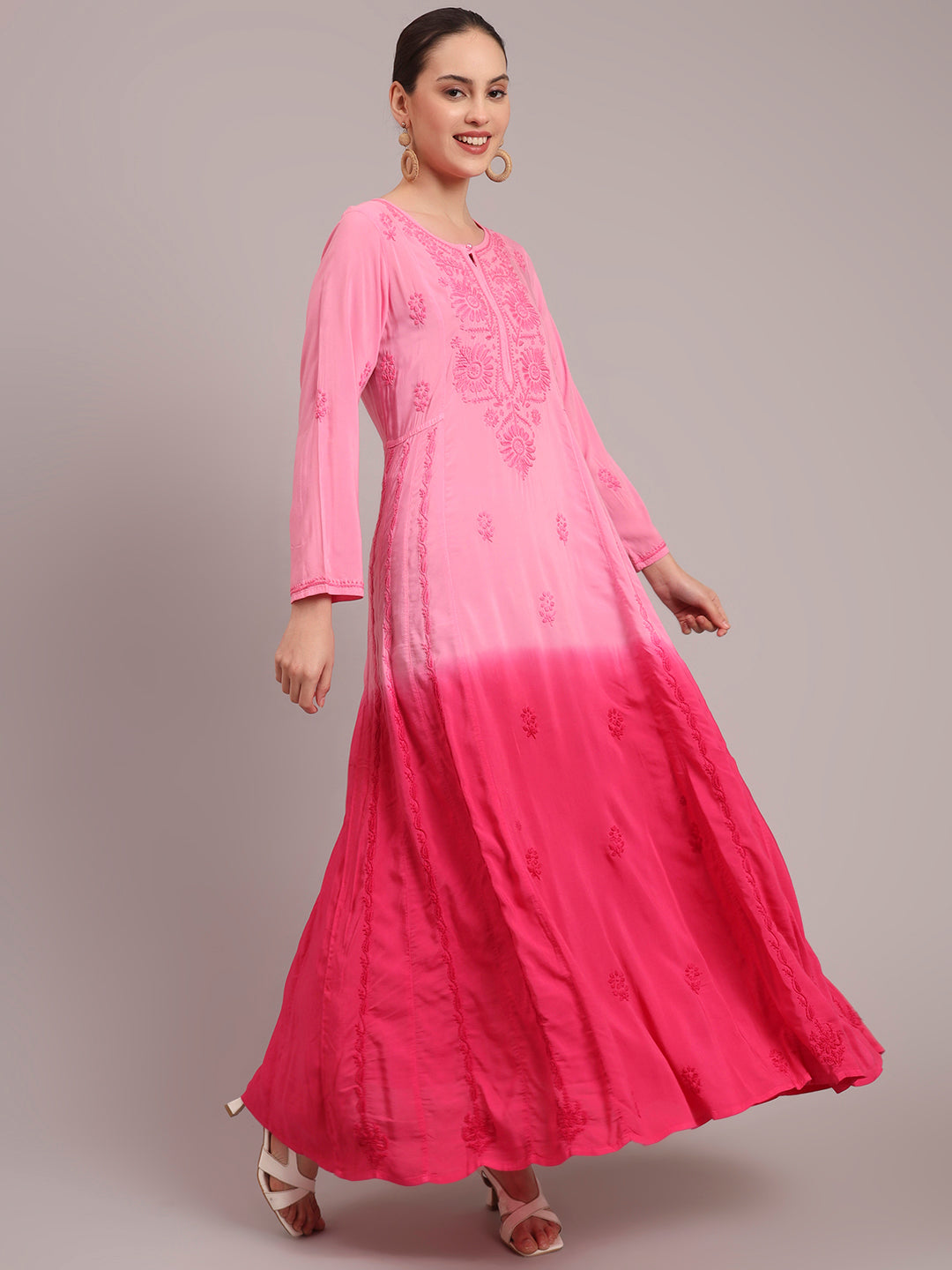 Hand Embroidered Chikankari Modal Ombre Jalabiya-AL4018 Pink