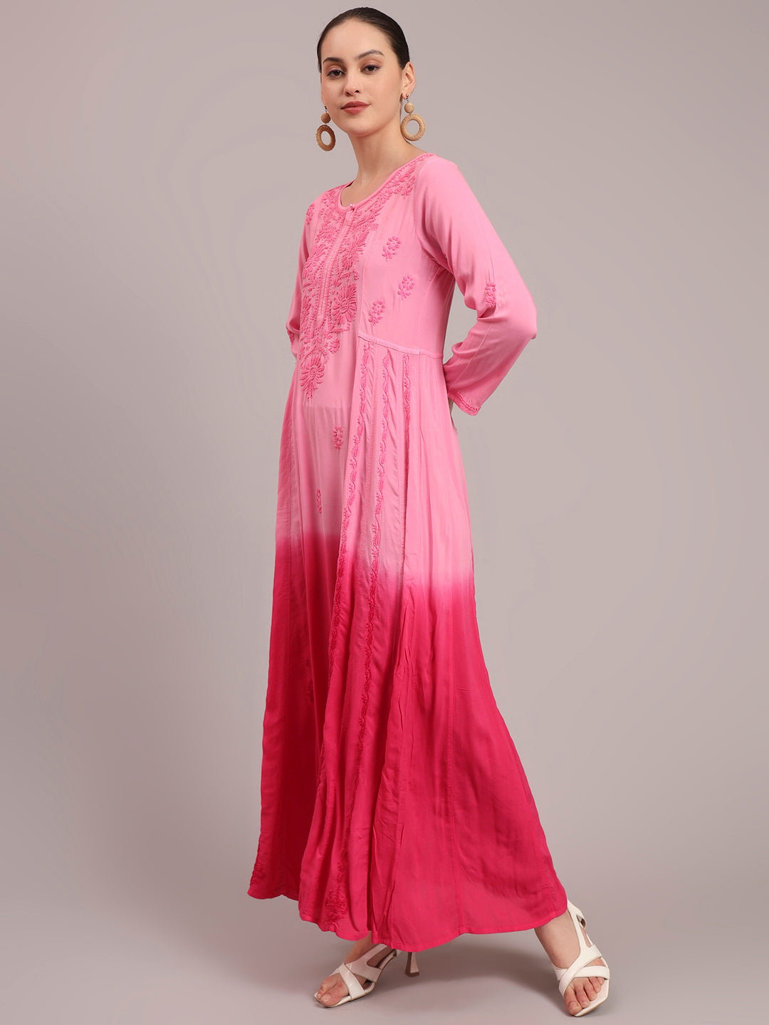 Hand Embroidered Chikankari Modal Ombre Jalabiya-AL4018 Pink