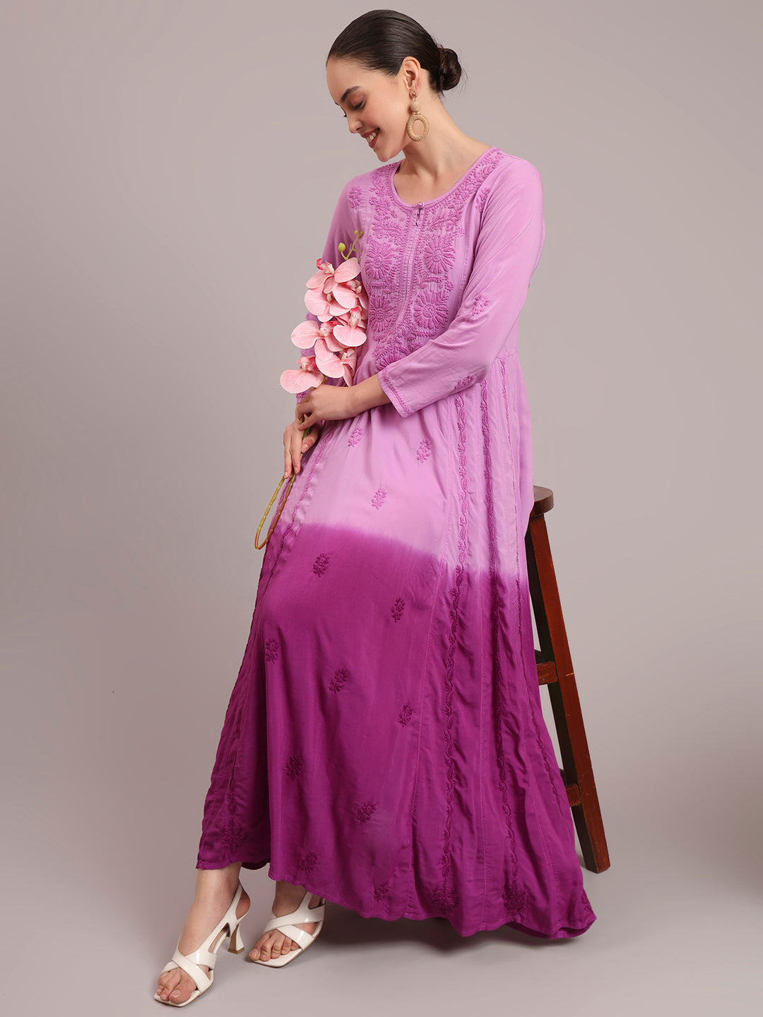 Hand Embroidered Chikankari Modal Ombre Jalabiya-AL4018