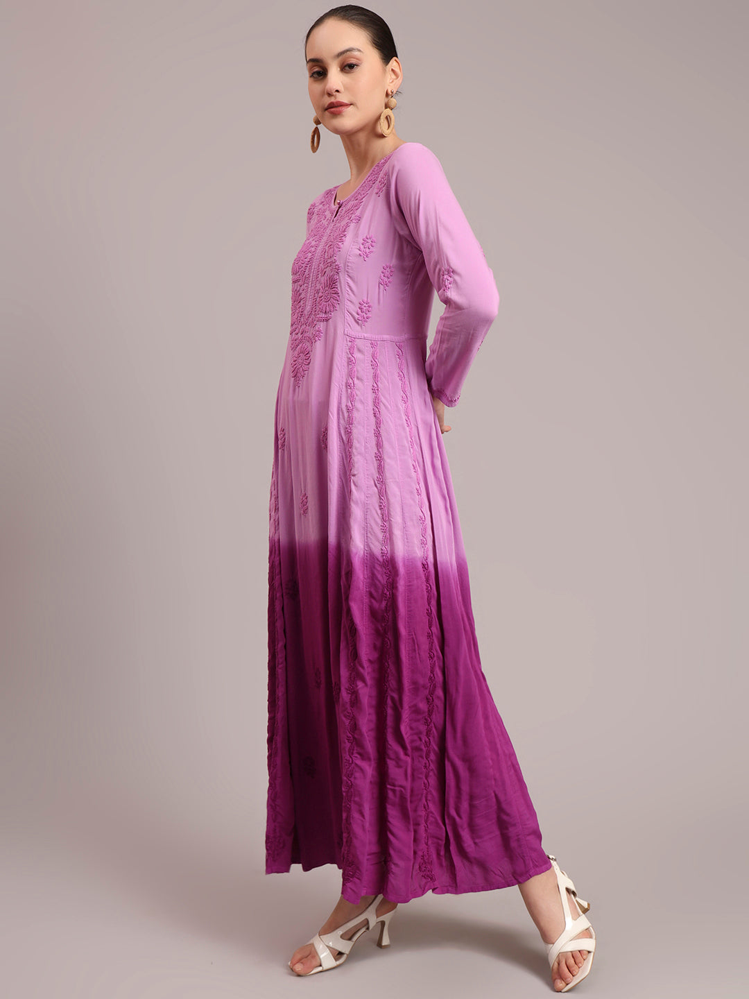 Hand Embroidered Chikankari Modal Ombre Jalabiya-AL4018 Purple