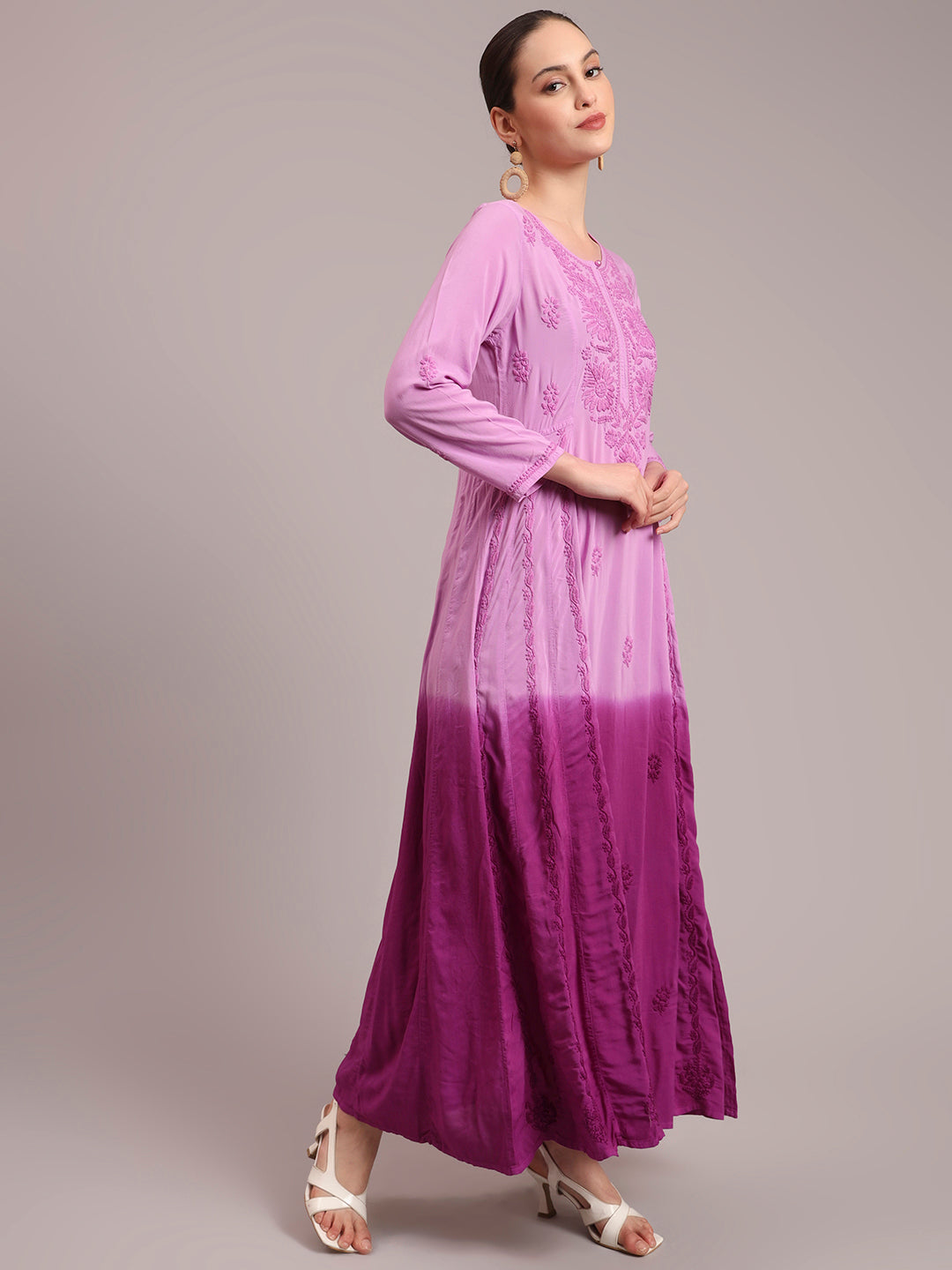 Hand Embroidered Chikankari Modal Ombre Jalabiya-AL4018 Purple