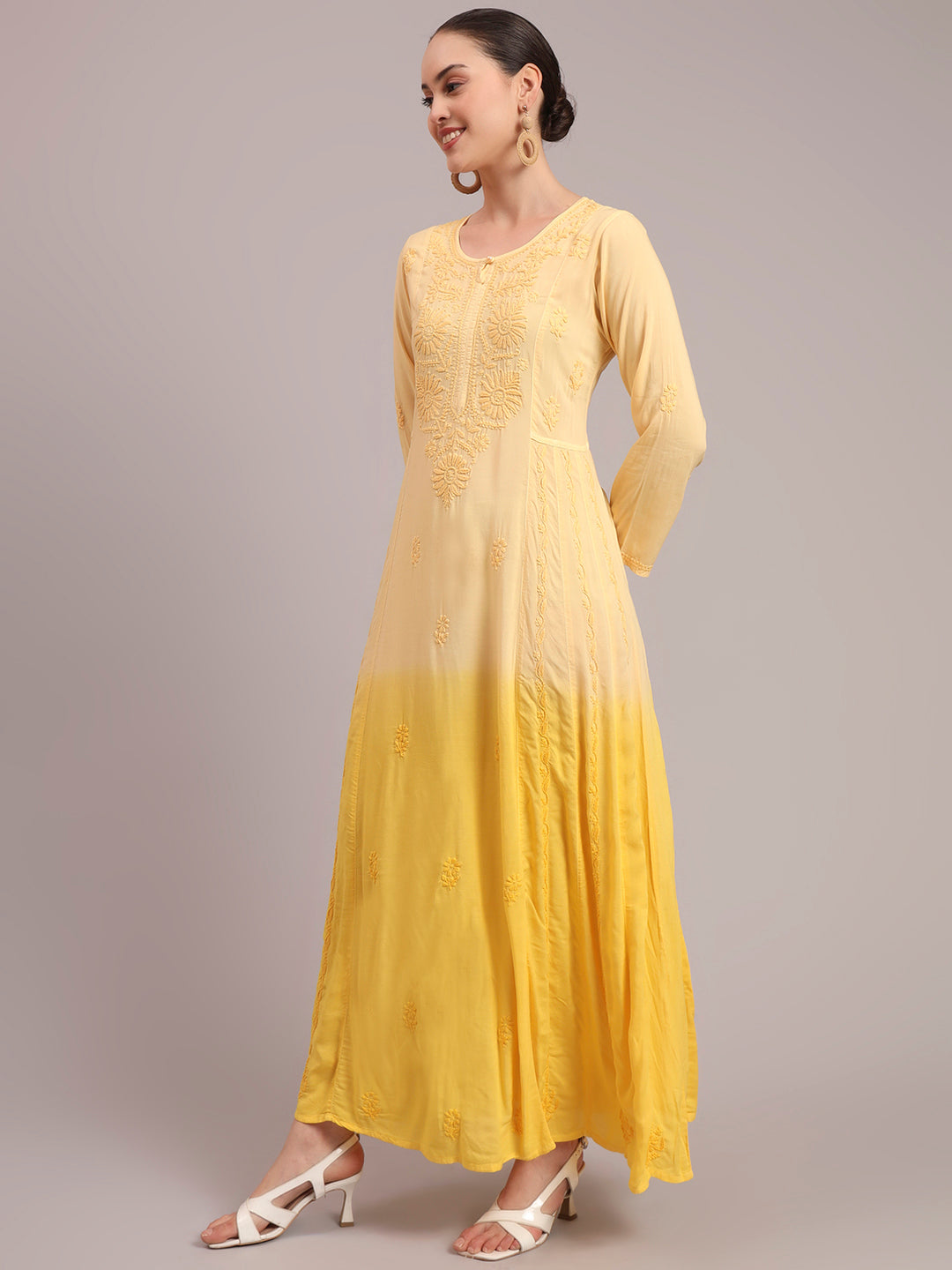 Hand Embroidered Chikankari Modal Ombre Jalabiya-AL4018 Yellow