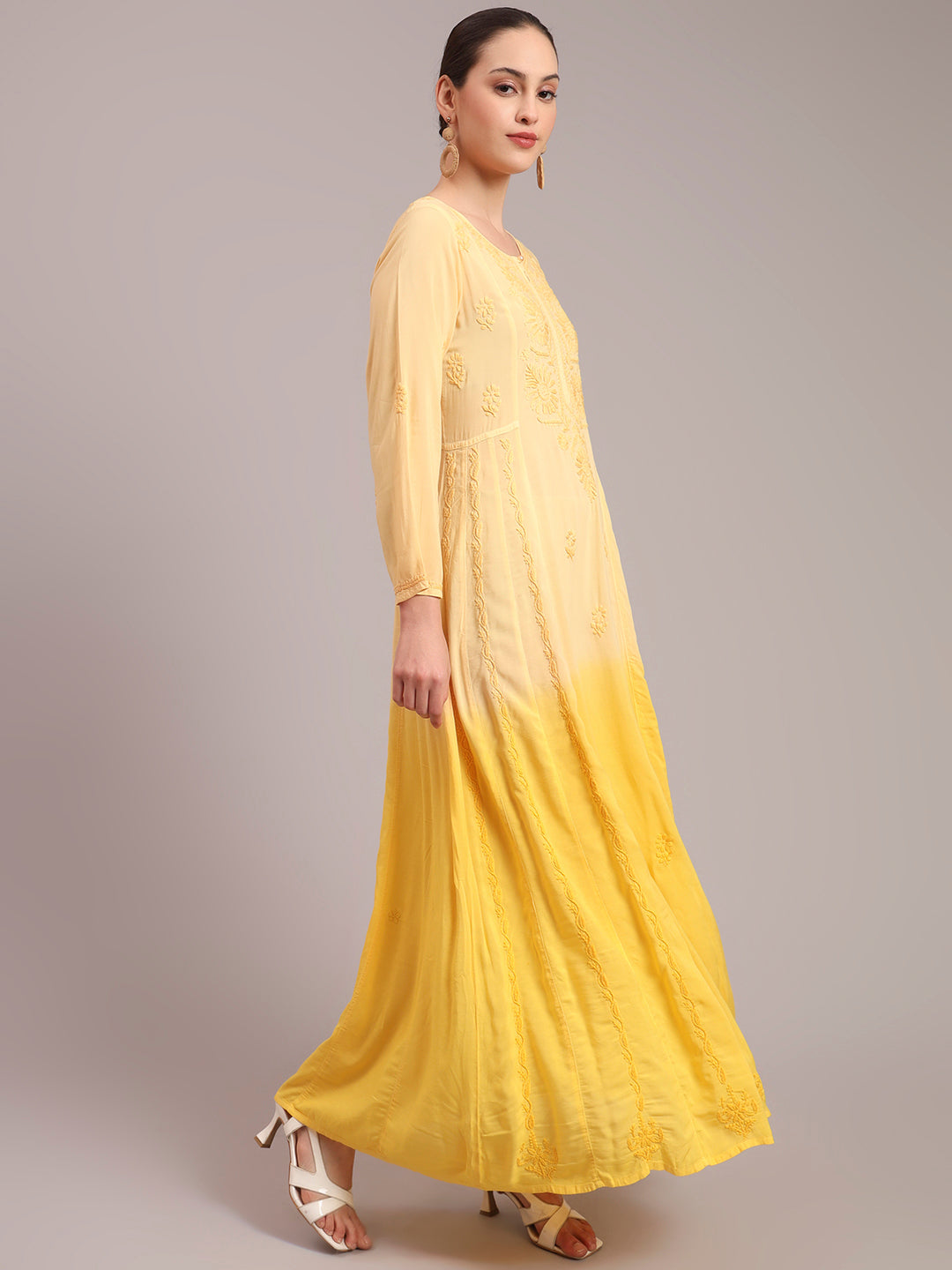 Hand Embroidered Chikankari Modal Ombre Jalabiya-AL4018 Yellow